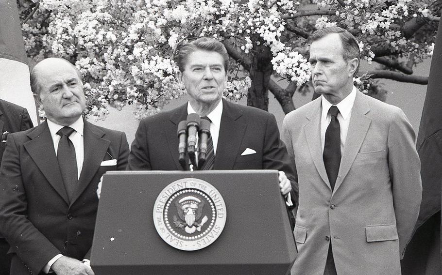Then-President Ronald Reagan speaks from a podium during an event at the White House in Washington, D.C.