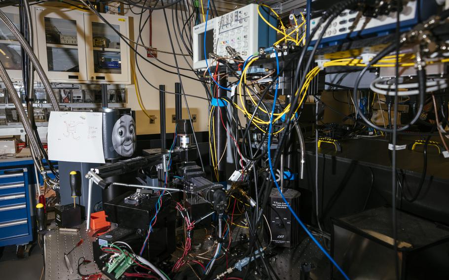 A picture of Thomas the Tank Engine is displayed on a piece of equipment in the quantum computing lab at the University of Chicago's Eckhardt Research Center on Oct. 4, 2022. 