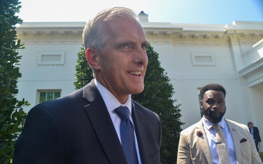 Department of Veterans Affairs Secretary Denis McDonough on Wednesday, Aug. 10, 2022, speaking with reporters in front of the White House, where he attended the signing of The Sergeant First Class Heath Robinson Honoring Our Promise to Address Comprehensive Toxics Act of 2022, or PACT Act. On Friday, Aug. 12, 2022, McDonough announced he had tested positive for the coronavirus.