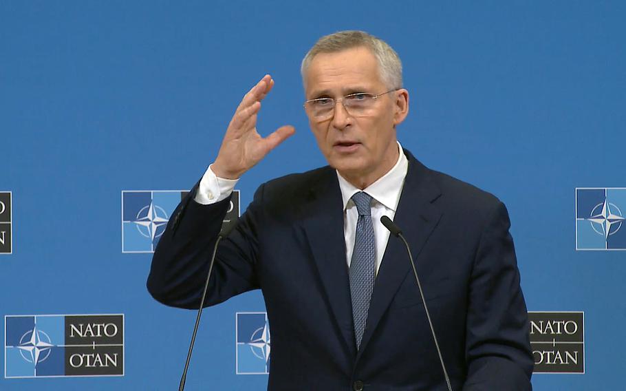 NATO Secretary-General Jens Stoltenberg speaks at a press conference in Brussels, April 3, 2023, a day before a meeting of the alliance's foreign ministers, where Finland will become NATOs 31st member.