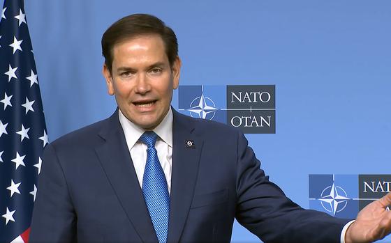 U.S. Secretary of State Marco Rubio speaks to reporters April 3, 2025, before a two-day meeting of NATO foreign ministers at the alliance's headquarters in Brussels.