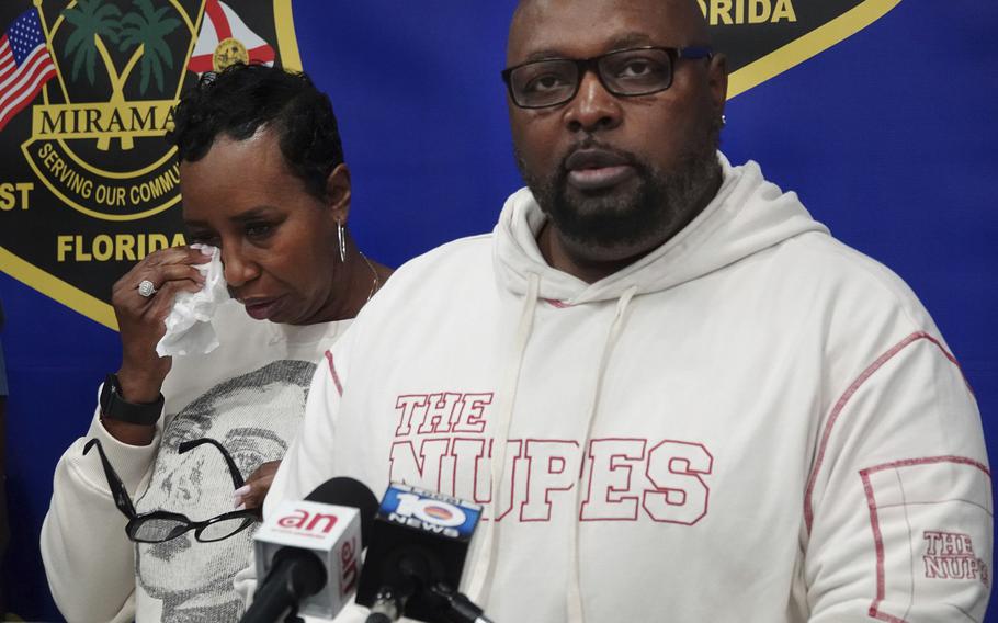 Eleska Moore and John Wlliams, parents of hit-and-run-victim Jahmaar Williams, make a plea for the driver to come forward Wednesday, March 8, 2023, at Miramar (Fla.) Police headquarters. Williams remains in a hospital.