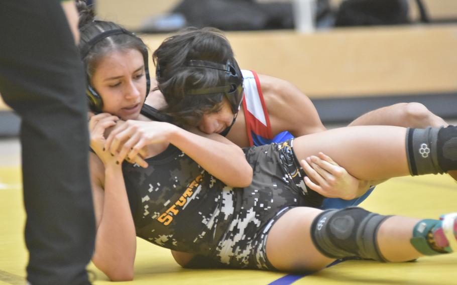 Ramstein’s Frank Lonzano defeated Stuttgart’s Karmyn Lopez to open the DODEA European Wrestling Championships at 106 pounds Friday, Feb. 9, 2024.