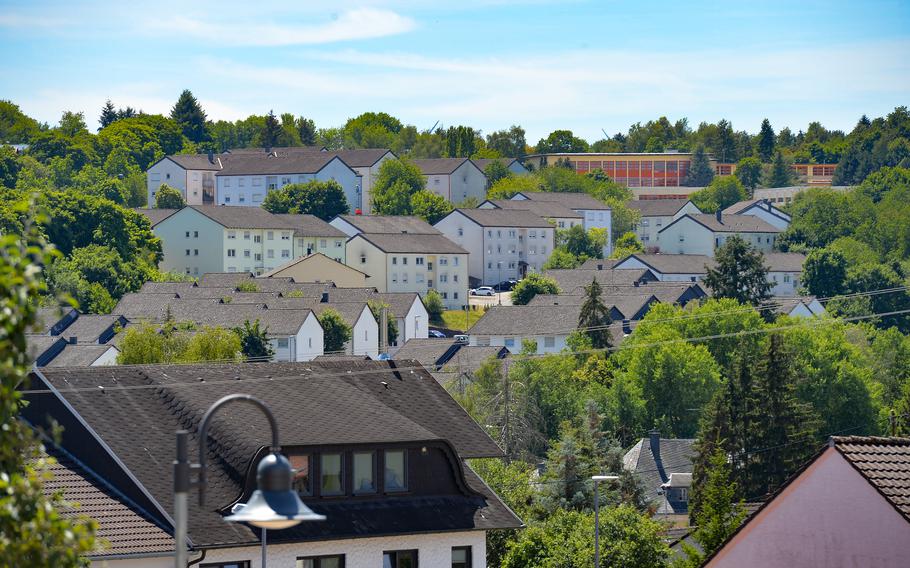 Baumholder American High School and part of current and former base housing is visible from the center of downtown Baumholder, Germany, July 12, 2022. Much of the base is closely connected to the town, which has grown along the base perimeter.