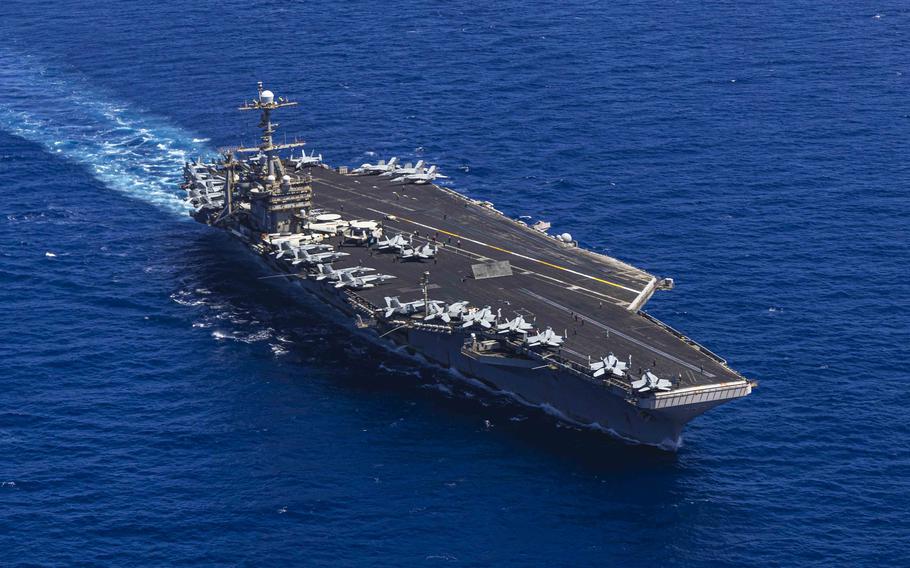 The aircraft carrier USS Harry S. Truman sails through the Mediterranean Sea.