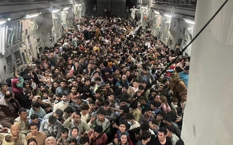 A U.S. Air Force C-17 Globemaster III transported approximately 640 Afghan citizens from Hamid Karzai International Airport Aug. 15, 2021. 