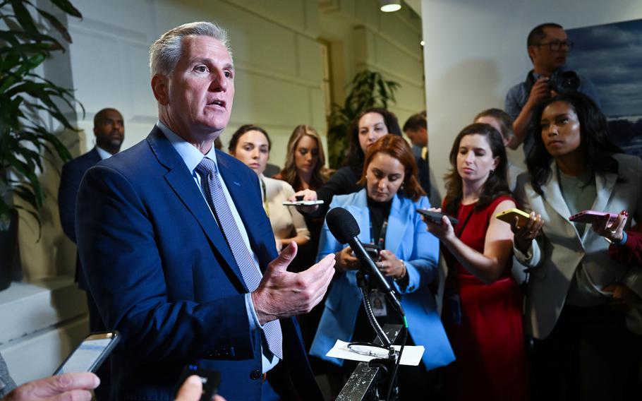 House Speaker Kevin McCarthy (R-Calif.) pulled a procedural vote on the short-term spending measure on Tuesday, Sept. 19, 2023. 