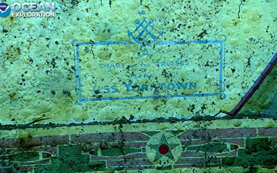 This video screengrab shows the name of a mural in the sunken USS Yorktown.