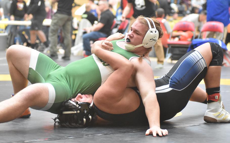 Naples’ Declan Newsome defeated Hohenfels’ Brian David at 285 pounds Friday, Feb. 9, 2024, at the DODEA European Wrestling Championships in Wiesbaden, Germany.