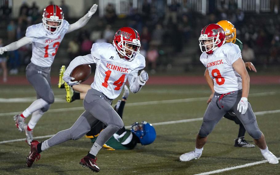 Nile C. Kinnick's Michael Lozano plays receiver, defensive back and return specialist. His kick return to begin the second half of last week's game at Robert D. Edgren capped the scoring at 54-0.