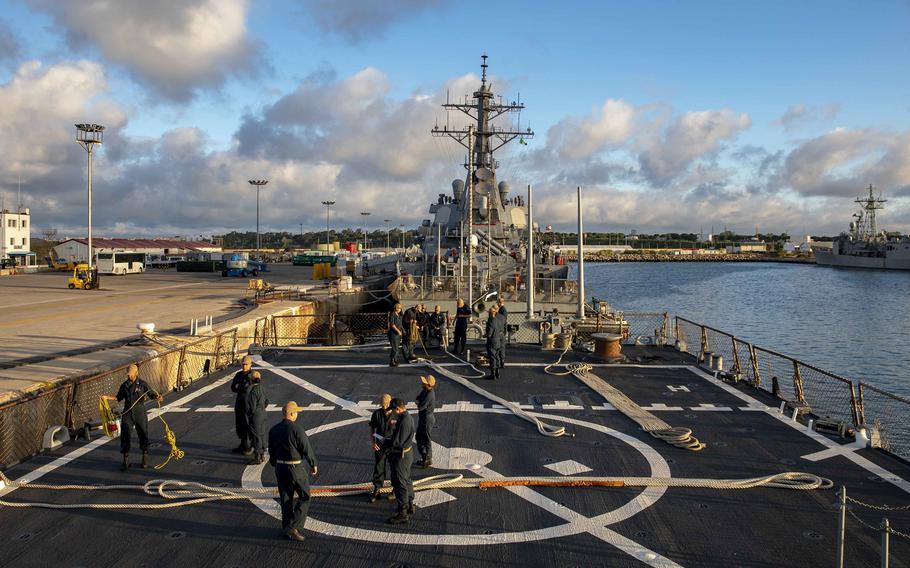 Sailors man their stations on the flight deck of the Arleigh Burke-class guided-missile destroyer USS Arleigh Burke at Naval Station Rota, Spain, June 1, 2022. 