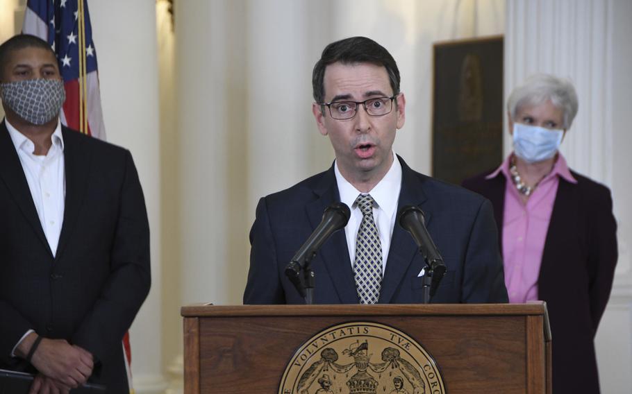 Roy McGrath, chief executive officer of the Maryland Environmental Service, speaks during a news conference at the State House in Annapolis, Md., on April 15, 2020. Federal authorities offered rewards of up to $20,000 Tuesday, March 28, 2023, as their search continues for former Maryland Gov. Larry Hogan’s ex-chief of staff who failed to appear for trial on corruption charges two weeks ago. 