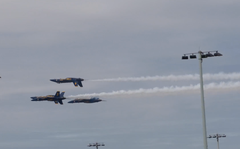 The United States Navy Blue Angels perform in their F-18 Super Hornets at a showcase at the U.S. Naval Academy.