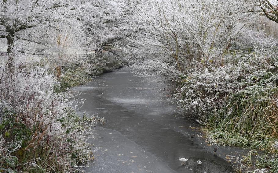 The River Lark, frozen along the side of Abbey Gardens in Bury St. Edmunds, England, Dec. 13, 2022. 