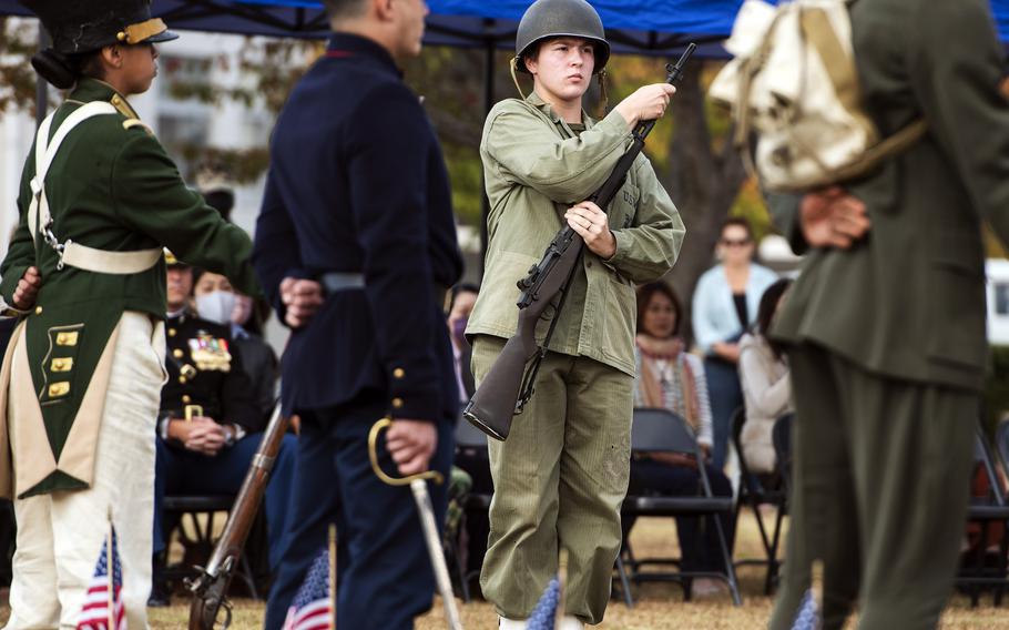 A Marine Corps uniform from World War II is presented at an event to mark the service’s 246th birthday at Marine Corps Air Station Iwakuni, Japan, Tuesday, Nov. 2, 2021.