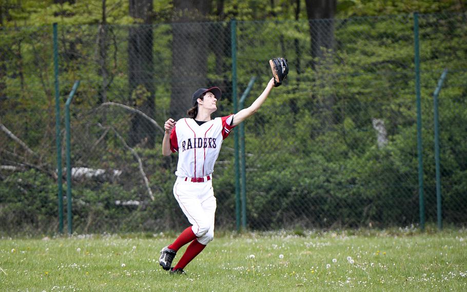 Kaiserslautern's Anderson Ennis snags a fly ball in a game against Ramstein on Saturday, April 30, 2022, in Kaiserslautern, Germany.