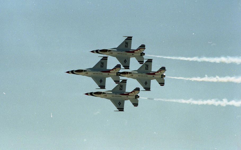 The Air Force Thunderbirds flying during a joint practice with the Blue Angels at Nellis Air Force Base on Oct. 7, 1997.