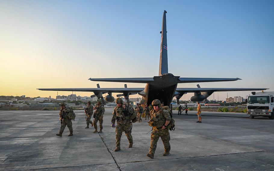 Army infantrymen with the Combined Joint Task Force — Horn of Africa at Camp Lemonnier, Djibouti, participate in an emergency deployment readiness exercise on April 20, 2022, to provide security at the U.S. Embassy in Mogadishu, Somalia. 