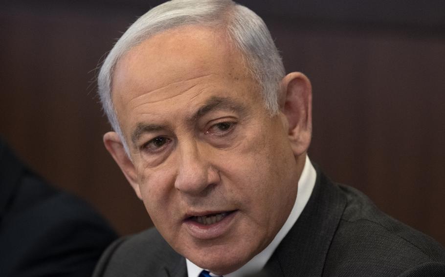 Israel’s Prime Minister Benjamin Netanyahu makes opening remarks at the weekly cabinet meeting in Jerusalem, March 12, 2023. 