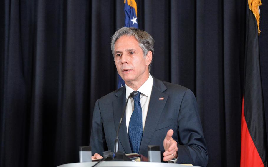 Secretary of State Antony Blinken answers a question at a press conference during his visit to Ramstein Air Base, Germany, Sept. 8, 2021. Blinken was at Ramstein to meet Afghan refugees, talk to U.S. service members and thank German Foreign Minister Heiko Maas and Germany for their help during the evacuation of tens of thousands of people from Afghanistan.