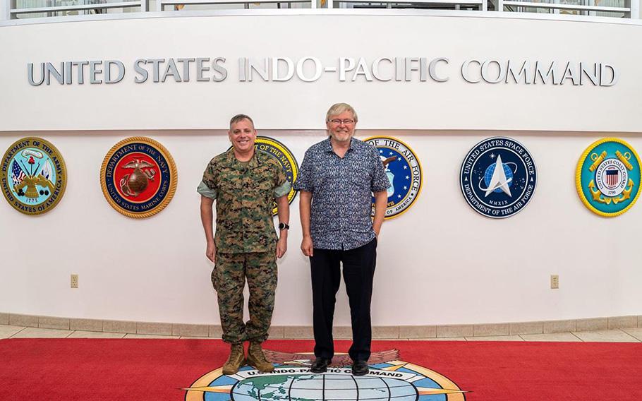 Australian Ambassador to the United States Kevin Rudd stands in front of a sign for the Hawaii-based U.S. Indo-Pacific Command in an image posted on July 18, 2023. 