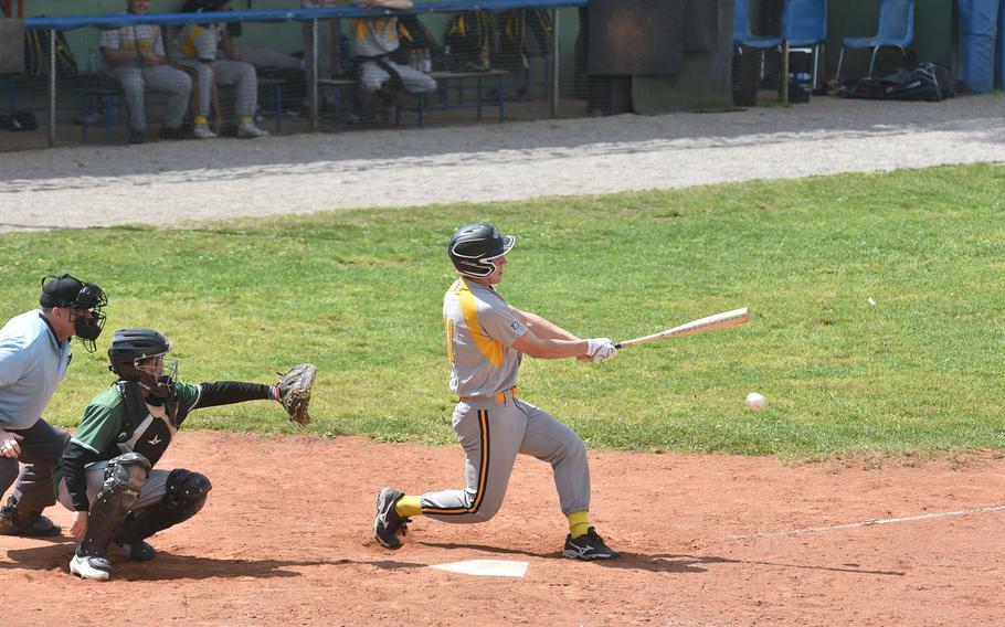 Vicenza’s Jayden Steimle puts the ball into play Saturday, April 20, 2024, in a doubleheader against Naples.