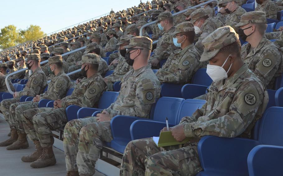 A soldier took notes Tuesday as Lt. Gen. Pat White and Command Sgt. Maj. Cliff Burgoyne Jr., commander and senior noncommissioned officer of III Corps and Fort Hood, addressed about 2,000 soldiers at Fort Hood, Texas, following the release of a report that found the base's leaders failed to create a culture of dignity and respect.
ROSE L. THAYER/STARS AND STRIPES