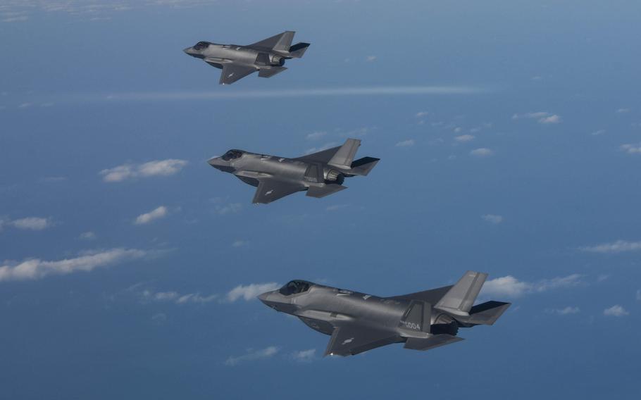 South Korean F-35A Lightning IIs take flight over the Korean Peninsula on Dec. 20, 2022.