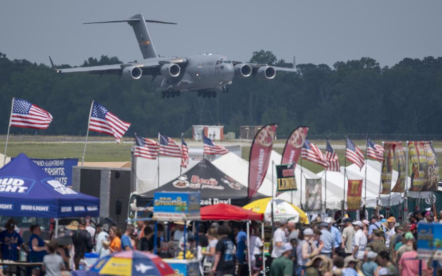 A C-17 Globemaster III cargo aircraft prepares to land at the Charleston Airshow at Joint Base Charleston, S.C., Saturday, April 20, 2024. 