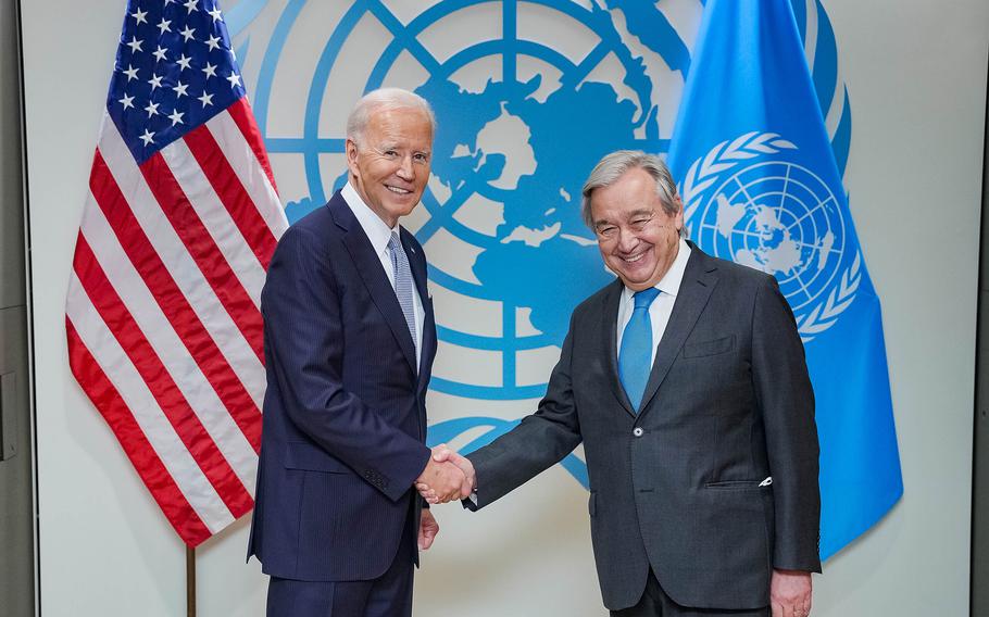 President Joe Biden shakes hands with United Nations Secretary General António Guterres during a meeting at the United Nations Headquarters on September 21, 2022.