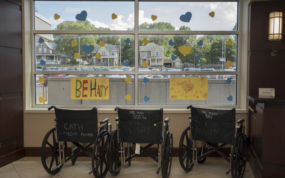 Wheelchairs rest in front of a decorated window at the lobby of Katherine Shaw Bethea Hospital in Dixon, Ill., on August 24, 2021.