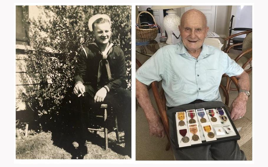 WWII veteran George Coburn, a survivor of the USS Oklahoma, is seen in his Navy uniform at left and sitting with a display of his military medals. Coburn died April 19, 2023, at the age of 103.