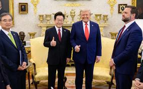President Donald Trump hosts South Korean President Lee Jae-myung at the White House in Washington, D.C., Aug. 25, 2025. 