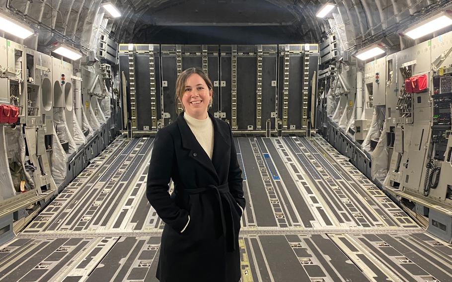 Allison Haskins in the cargo bay of a C-17 Globemaster III while visiting Ramstein Air Base, Germany, in October 2021. Under a project sponsored by the Atlantic Academy think tank in the state of Rheinland-Pfalz, Haskins examines community relations between Germans and Americans.