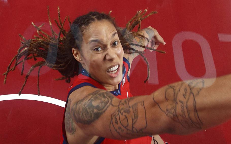 U.S. player Brittney Griner reaches for a rebound during a women’s basketball quarterfinal round game against Australia at the 2020 Summer Olympics, on July 25, 2021, in Saitama, Japan. According to reports on Saturday, March 5, 2022, Griner has been arrested in Russia on drug charges.