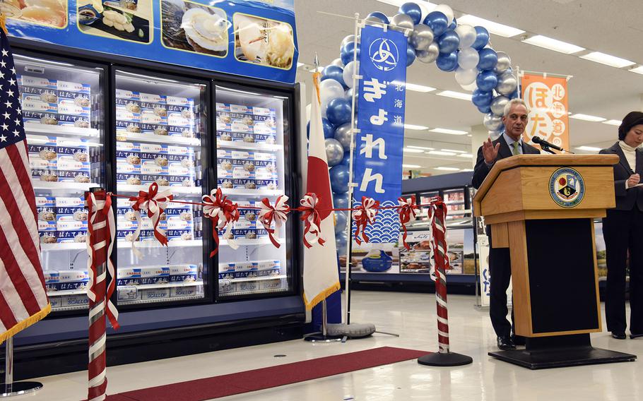 U.S. Ambassador to Japan Rahm Emanuel speaks about local seafood inside commissary at Yokota Air Base, Japan, Tuesday, Oct. 31, 2023.