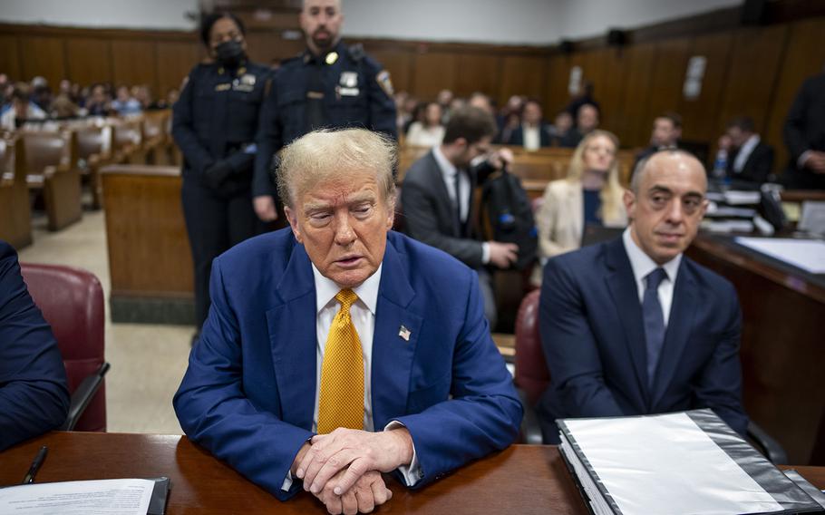 Former U.S. President Donald Trump attends his trial for allegedly covering up hush money payments at Manhattan Criminal Court on May 2, 2024, in New York. 