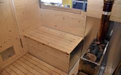 The sauna room in the bus is made from Todo fir wood from the town of Toma, Hokkaido, Japan. 