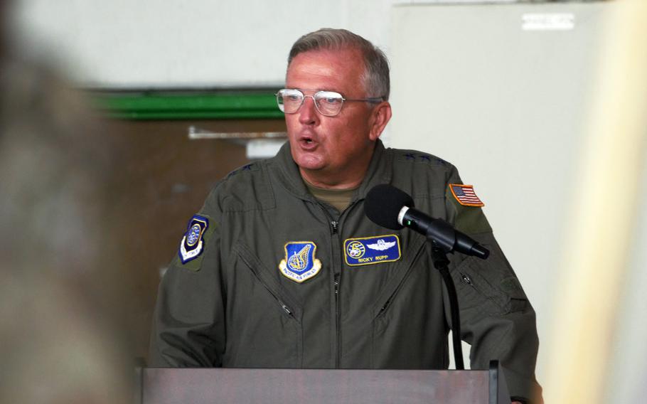 Gen. Ricky Rupp, commander of U.S. Forces Japan and 5th Air Force, speaks during the 18th Wing’s change-of-command ceremony at Kadena Air Base, Okinawa, Thursday, July 6, 2023.