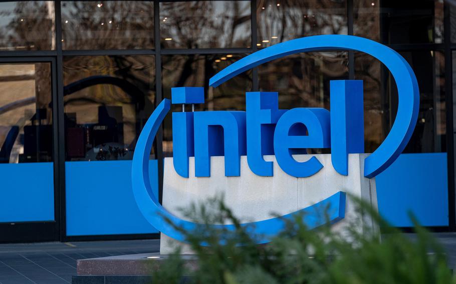 Signage at Intel headquarters in Santa Clara, Calif., on Jan. 20, 2021. 