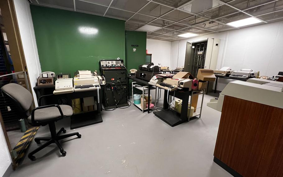Obsolete communication encryption equipment is on display at the former German government bunker in Bad Neuenahr-Ahrweiler, Germany, Feb. 13, 2022. The machines include typewriters and coding equipment designed to deliver Cold War-era military messages in the event of a nuclear attack.