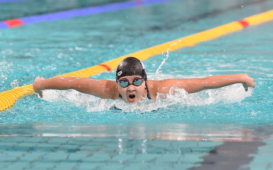 Brunssum Orca Bella Romar swims the butterfly in the 12-year-old girls 200-meter individual medley during the European Forces Swim League Short-Distance Championships on Feb. 11, 2024, at the Pieter van den Hoogenband Zwemstadion at the Nationaal Zwemcentrum de Tongelreep in Eindhoven, Netherlands.