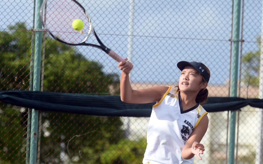 Kadena's Mayann Rivera won two matches Monday, over Kubasaki's Noemi Ung 8-1 and Leanna Manuel 8-3 to reach Tuesday's final against teammate Christine Ryan.