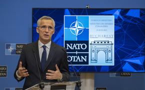 NATO Secretary-General Jens Stoltenberg addresses reporters ahead of the meetings of NATO foreign ministers in Bucharest, Romania, Nov. 25, 2022. In Bucharest, allies will meet with Ukraine Foreign Minister Dmytro Kuleba to discuss the countrys military needs, Stoltenberg said. 