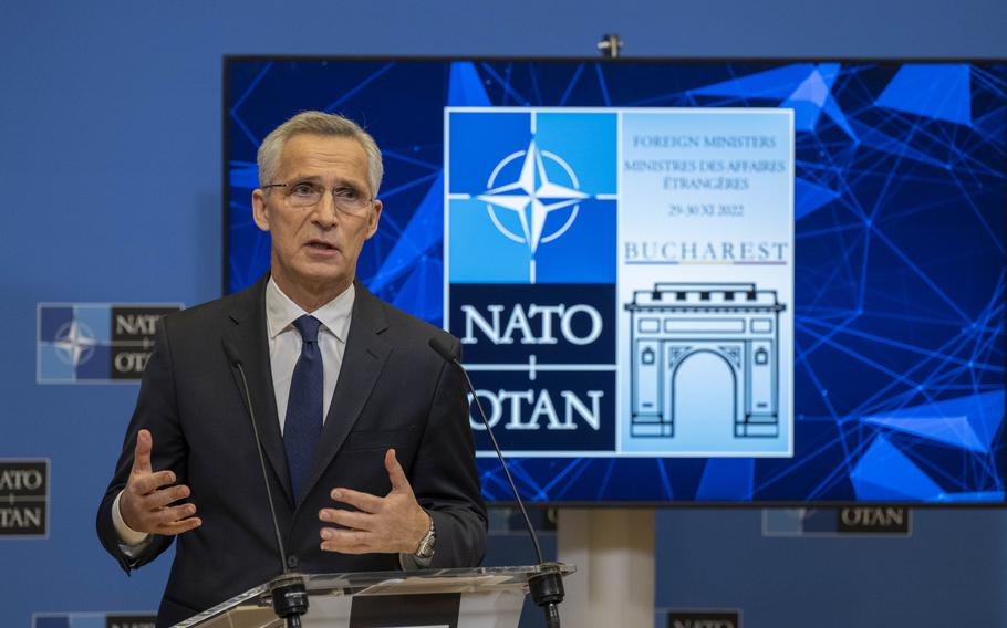 NATO Secretary-General Jens Stoltenberg addresses reporters ahead of the meetings of NATO foreign ministers in Bucharest, Romania, Nov. 25, 2022. In Bucharest, allies will meet with Ukraine Foreign Minister Dmytro Kuleba to discuss the country’s military needs, Stoltenberg said. 