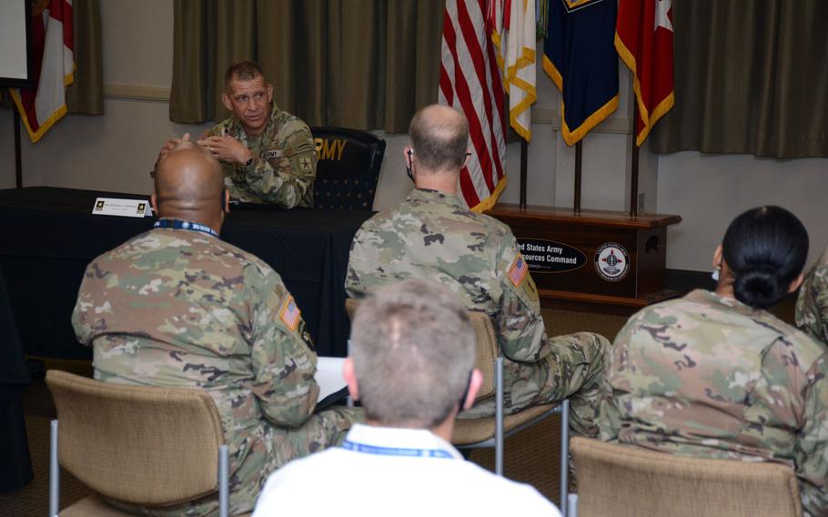 Sgt. Major of the Army Michael Grinston listened to questions and concerns from assignment managers, regarding soldier and family programs, during a town hall Aug. 18 at U.S. Army Human Resources Command. Grinston was soliciting feedback on the Exceptional Family Member Program, as well as Married Army Couples Program and issues affecting single parents. He also solicited their ideas on how to make improvements to the assignment process for soldiers in those programs. 