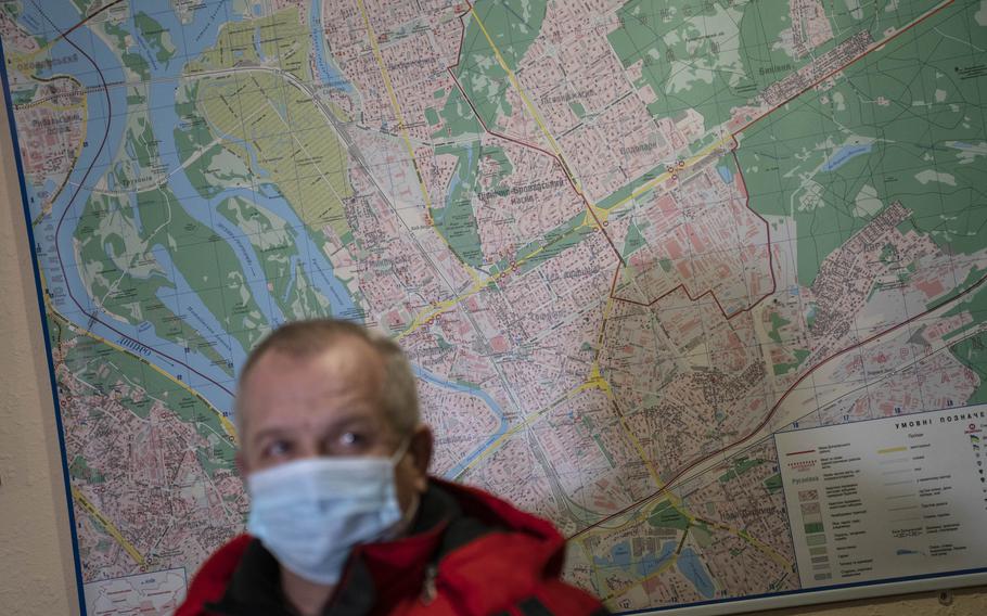 Yevhen Vidtorovych Herasymov of Ukraine’s Civilian Population Protection Department speaks to reporters during a bunker tour in Kyiv on Feb. 2, 2022.