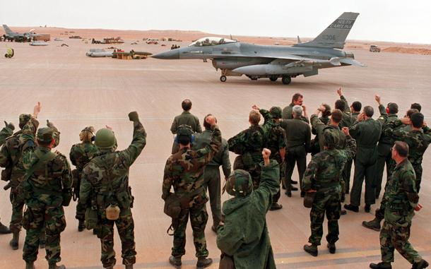 Saudi Arabia, Jan. 17, 1991: Servicemembers cheer a returning F-16 at an air base in Saudi Arabia on the first day of the air war with Iraq.

Looking for Stars and Stripes’ coverage of the Gulf War? Subscribe to Stars and Stripes’ historic newspaper archive! We have digitized our 1948-1999 European and Pacific editions, as well as several of our WWII editions and made them available online through https://starsandstripes.newspaperarchive.com/

META TAGS: Gulf War; U.S. Air Force; bombing campaign; 