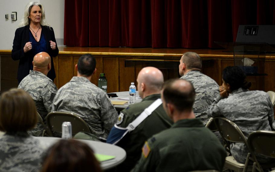 Anne Sprute, founder and CEO of Rally Point Six and 62nd Airlift Wing honorary commander, speaks at Joint Base Lewis-McChord, Wash., in February 2017. Sprute shared her experiences in the military and spoke on the importance of starting the transition process out of the service sooner than later. 