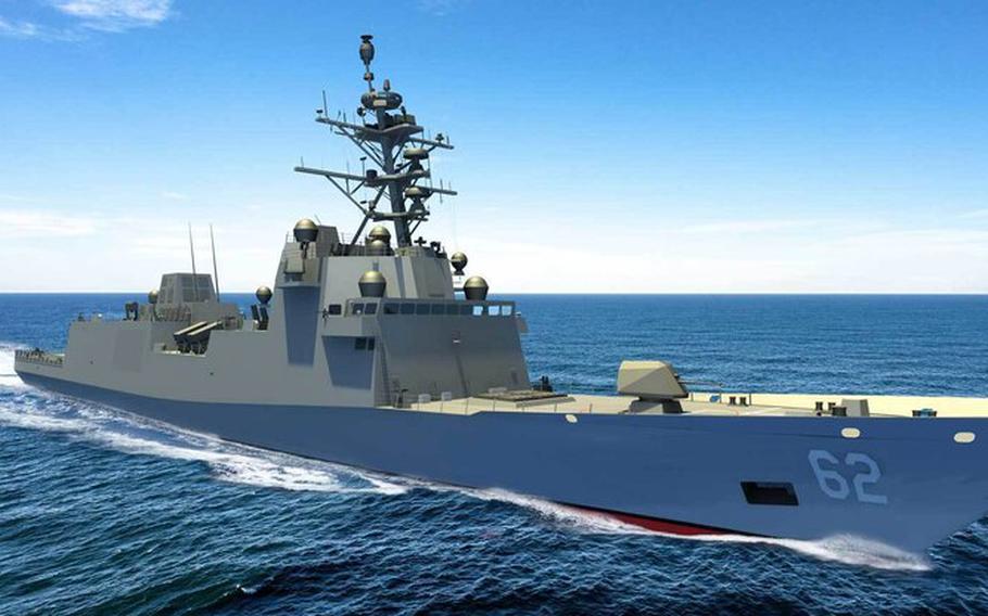 An artist rendering of the USS Constellation, the first of the Navy’s new frigate program.